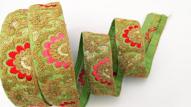 Green Art Silk Trim With Intricate Floral Embroidery With Sequins, Lace Trim, Indian Lace Trim